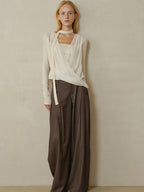 someonesometimes Soft Wool Blend Slim Round Neck Long Sleeve Women Almond Beige Knit Cardigans