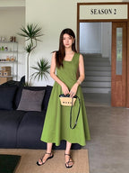 fano Cotton High Waist Pleated Minimal A Line Square Neck Women Maxi Dresses