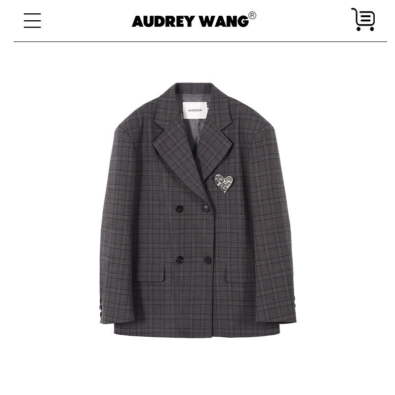 audreyyang Vintage Plaid Double Breasted Loose Fit Lapel Women Work Gray Blazers