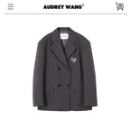 audreyyang Vintage Plaid Double Breasted Loose Fit Lapel Women Work Gray Blazers