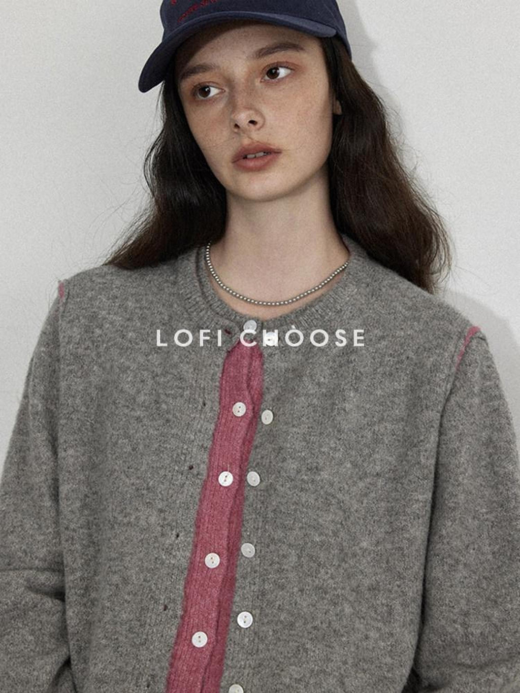 Lofi choose Office Loose Fit Colorblock Button Crewneck Graphic Layered Women Knit Cardigans