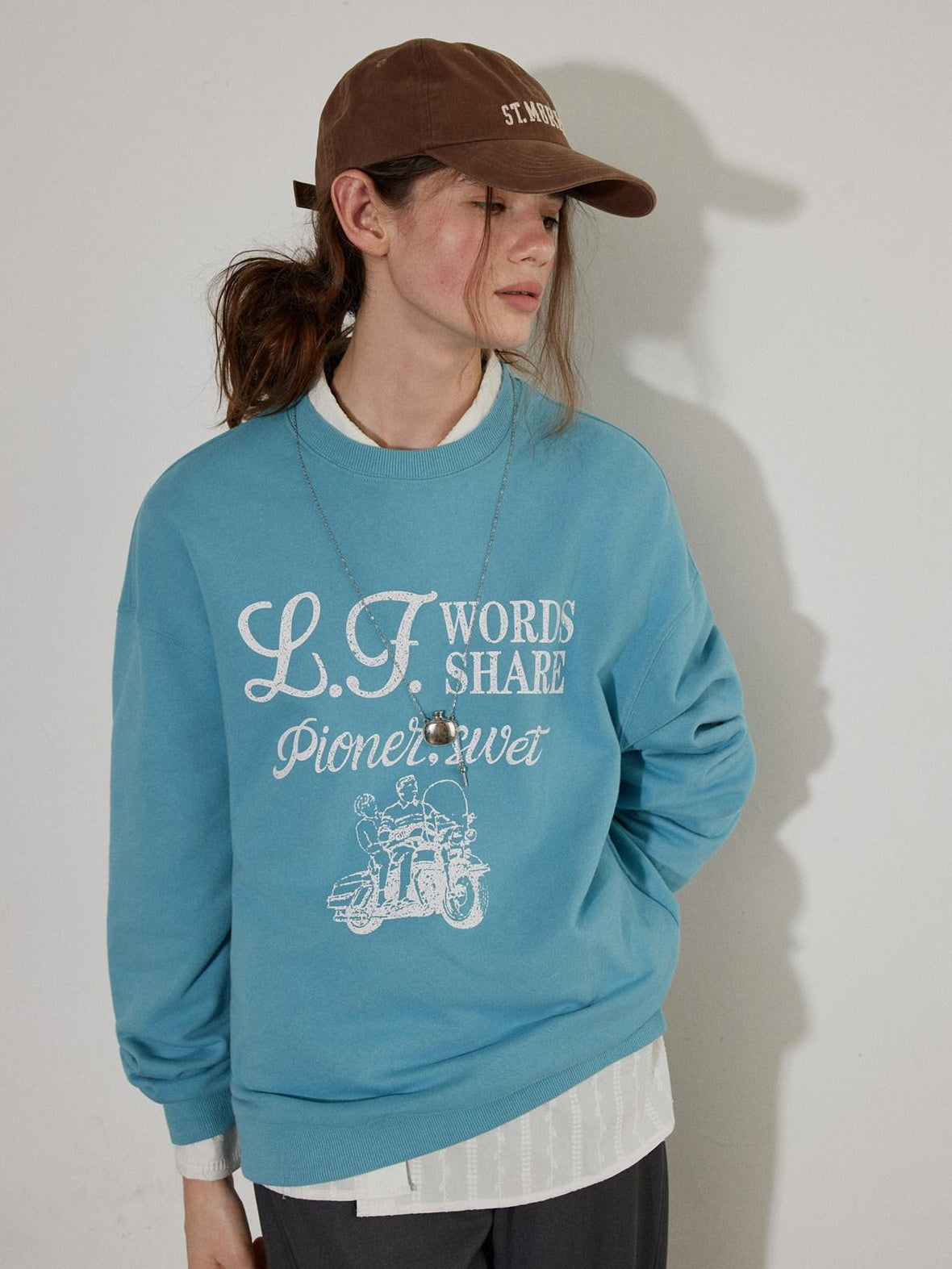 Lofi choose Cozy Oversized Crewneck Long Sleeve Commuter Blue Khaki Sweatshirt