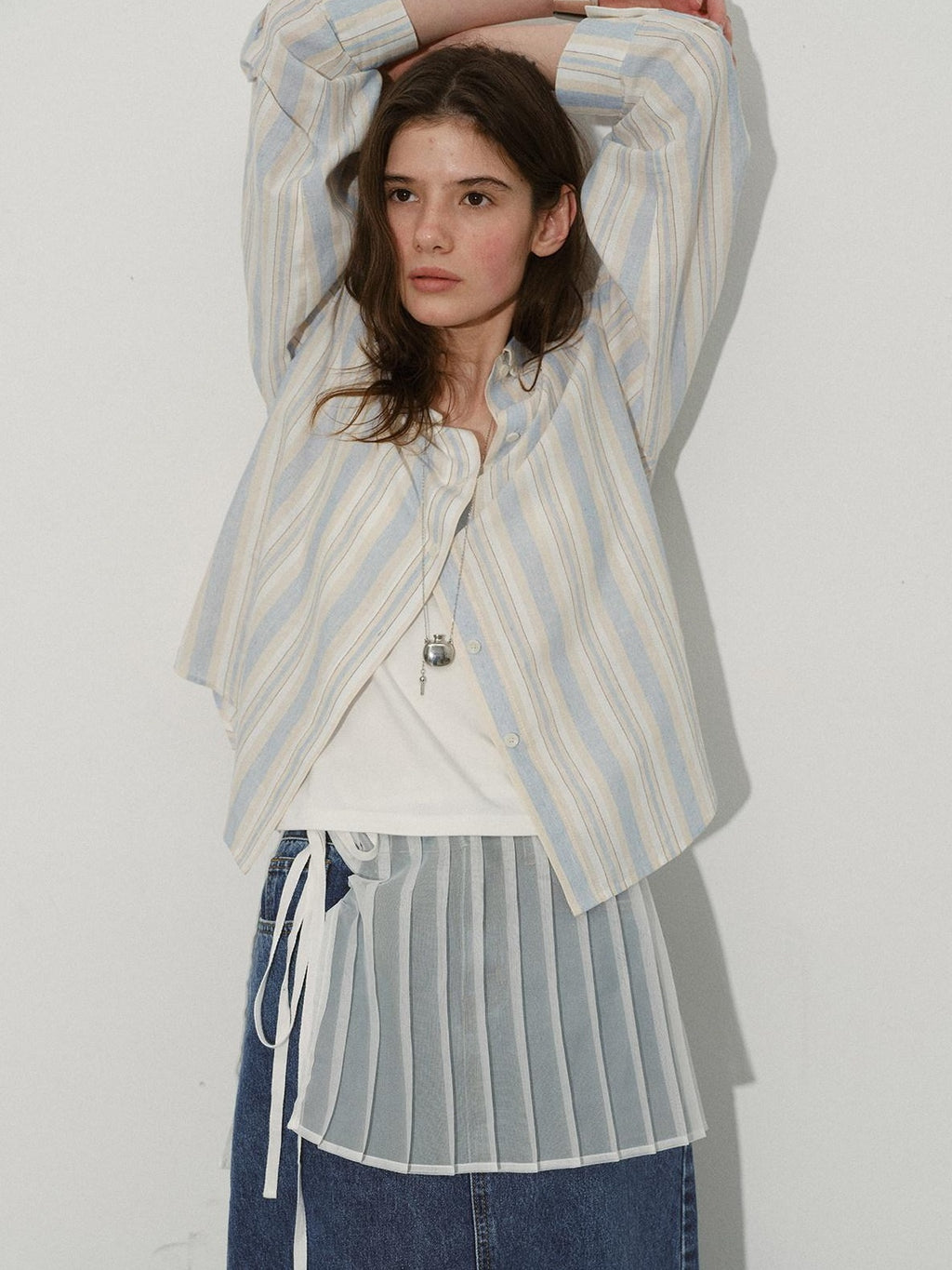 Lofi choose 100 Percent Cotton Loose Colorblock Women Blue Stripe Lapel Long Sleeve Shirts