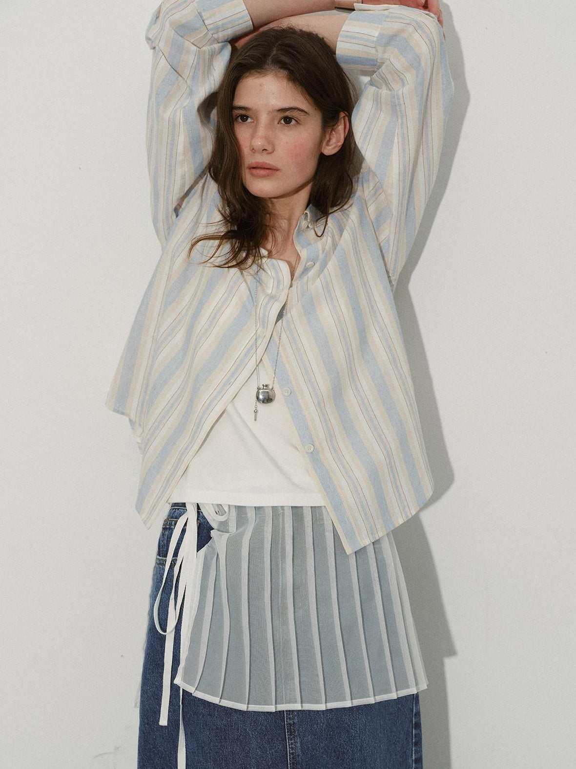 Lofi choose 100 Percent Cotton Loose Colorblock Women Blue Stripe Lapel Long Sleeve Shirts