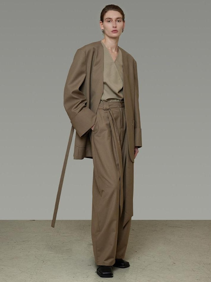 unspoken Minimal Slim Tailored Blazer High Waist Long Pants Women Brown Top & Pants Sets