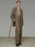 unspoken Minimal Slim Tailored Blazer High Waist Long Pants Women Brown Top & Pants Sets