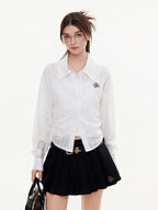 ikyou Breathable Lyocell Embroidered Slim Lapel Cardigan Short Work Women Shirts