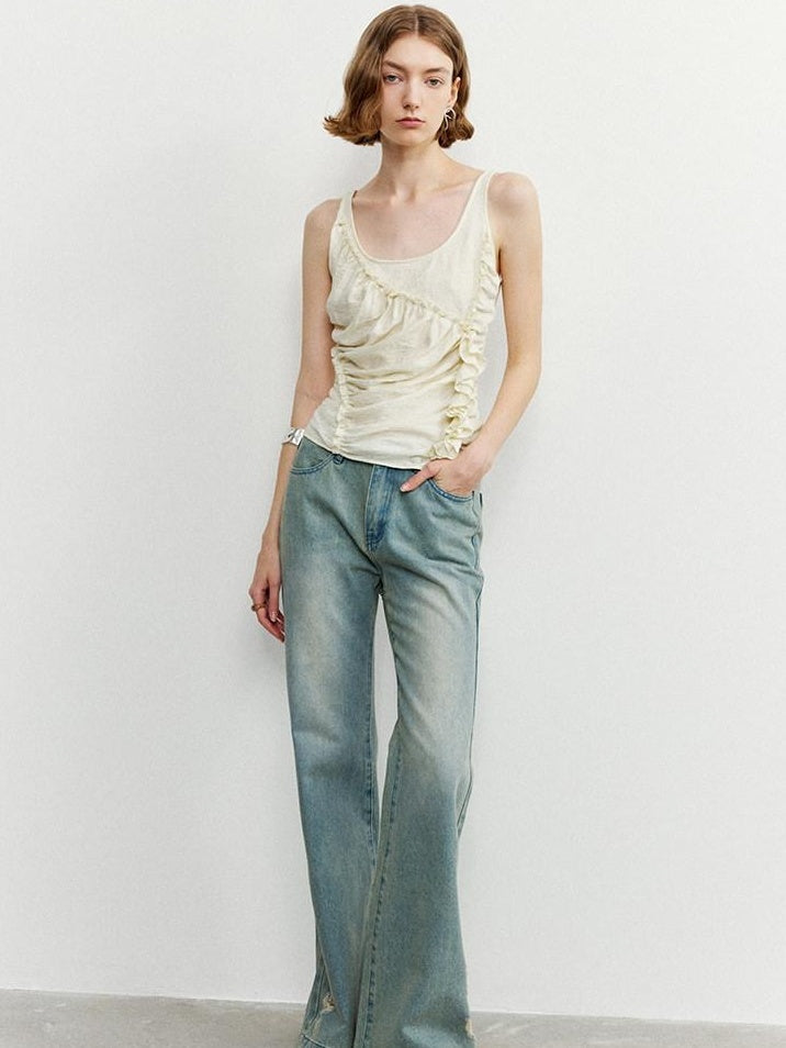 someone sometimes Ruffled Lettuce Edge Slim Fit Original Design Viscose Blend Cream Tank Tops