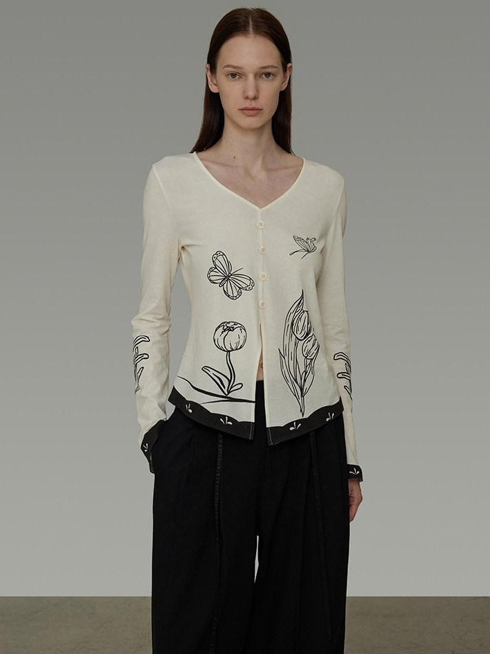unspoken Soft Cotton Blend Relaxed Fit Floral Print V-neck Long Sleeve Women Blouses