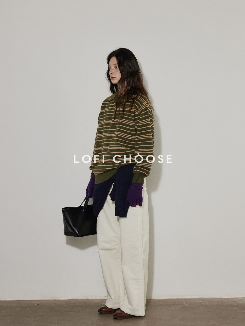 Lofi choose Cozy Striped Polo Collar Loose Fit Knit Pullover Workwear Acrylic Sweaters