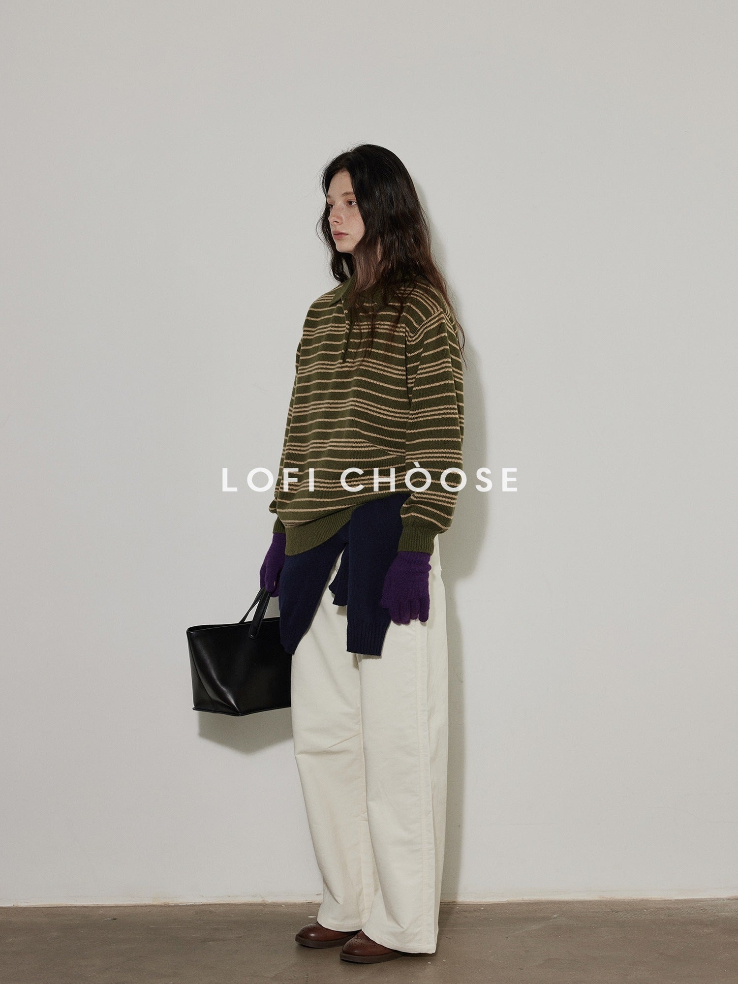 Lofi choose Cozy Striped Polo Collar Loose Fit Knit Pullover Workwear Acrylic Sweaters