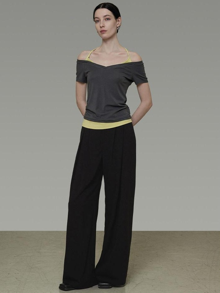 unspoken Moisture Wicking Lyocell Slim V-neck Patchwork Grey Green Halter Crop Tops