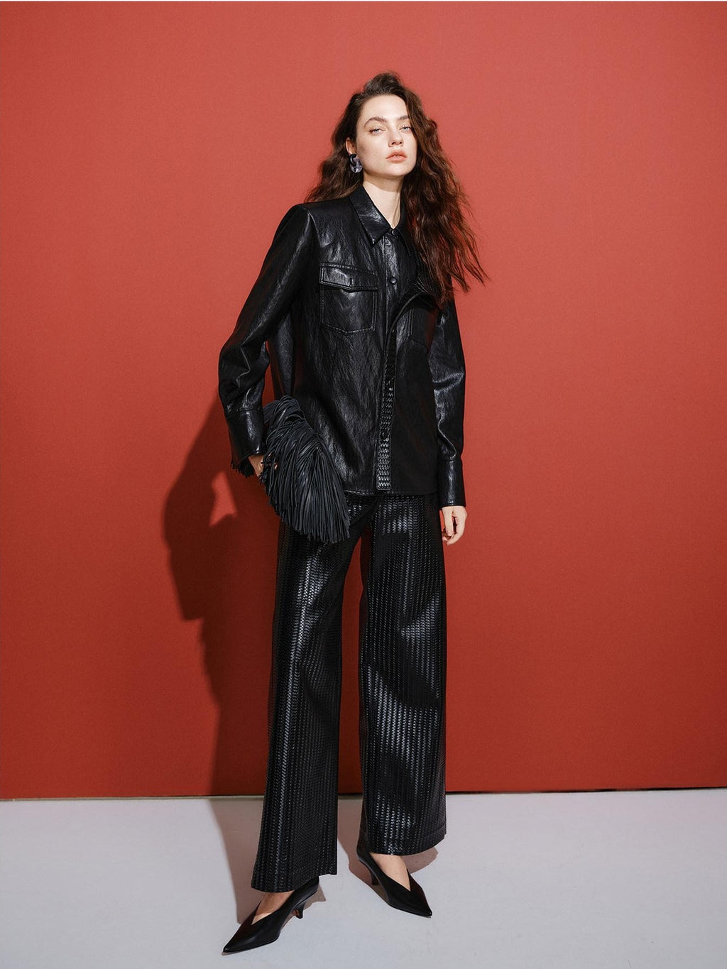 audreyyang Pu Faux Leather Casual Natural Waist Zip Fly Women Straight Pants