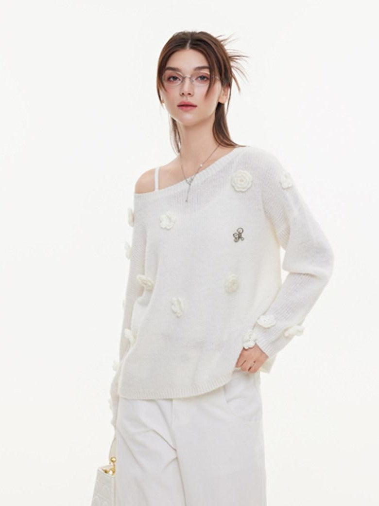 ikyou Warm Wool Blend Pullover Loose Crochet 3D Detail Office Boat Neck White Sweaters