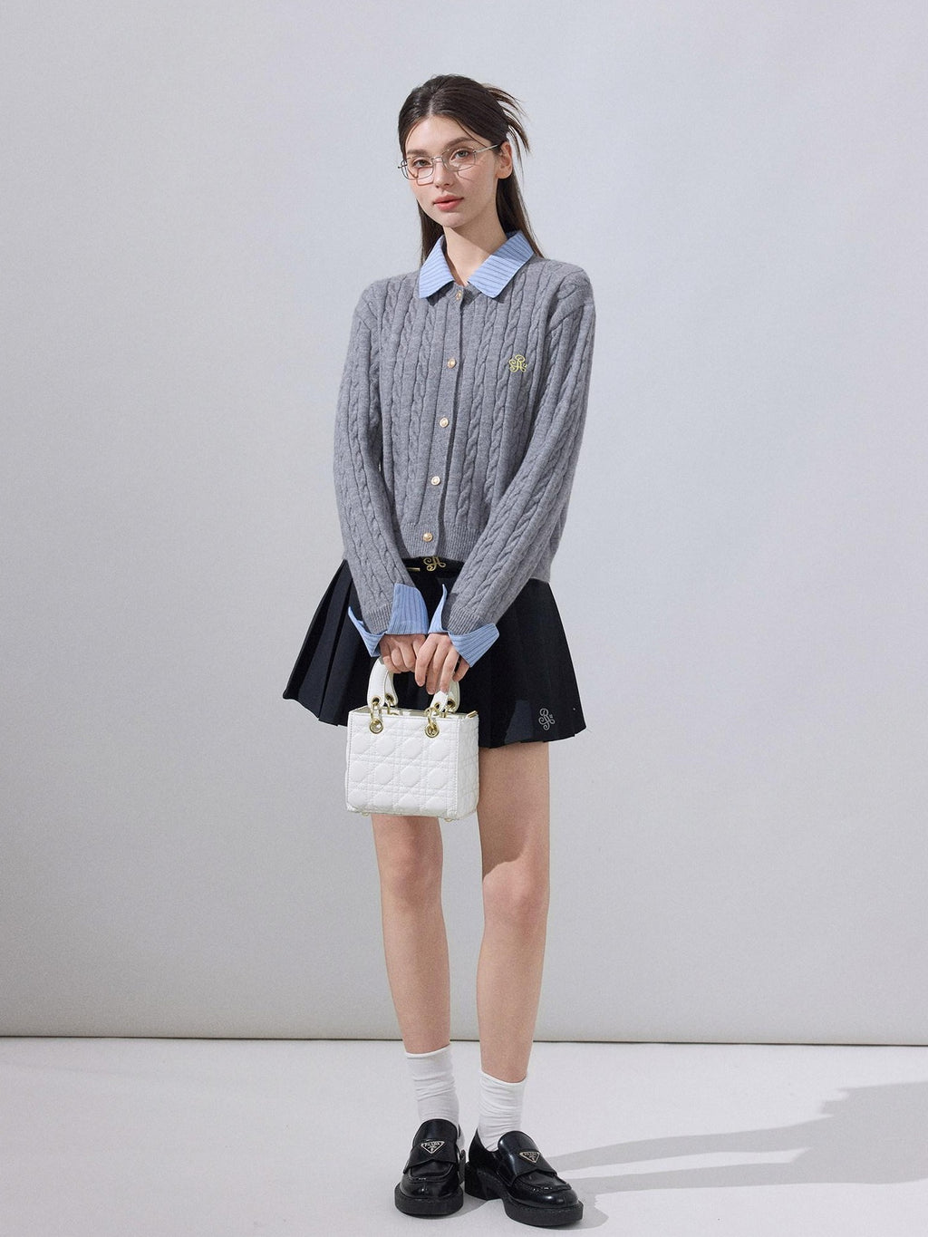 ikyou Soft Preppy Slim Faux Layer Women Casual Long Sleeve Crewneck Grey Cardigans