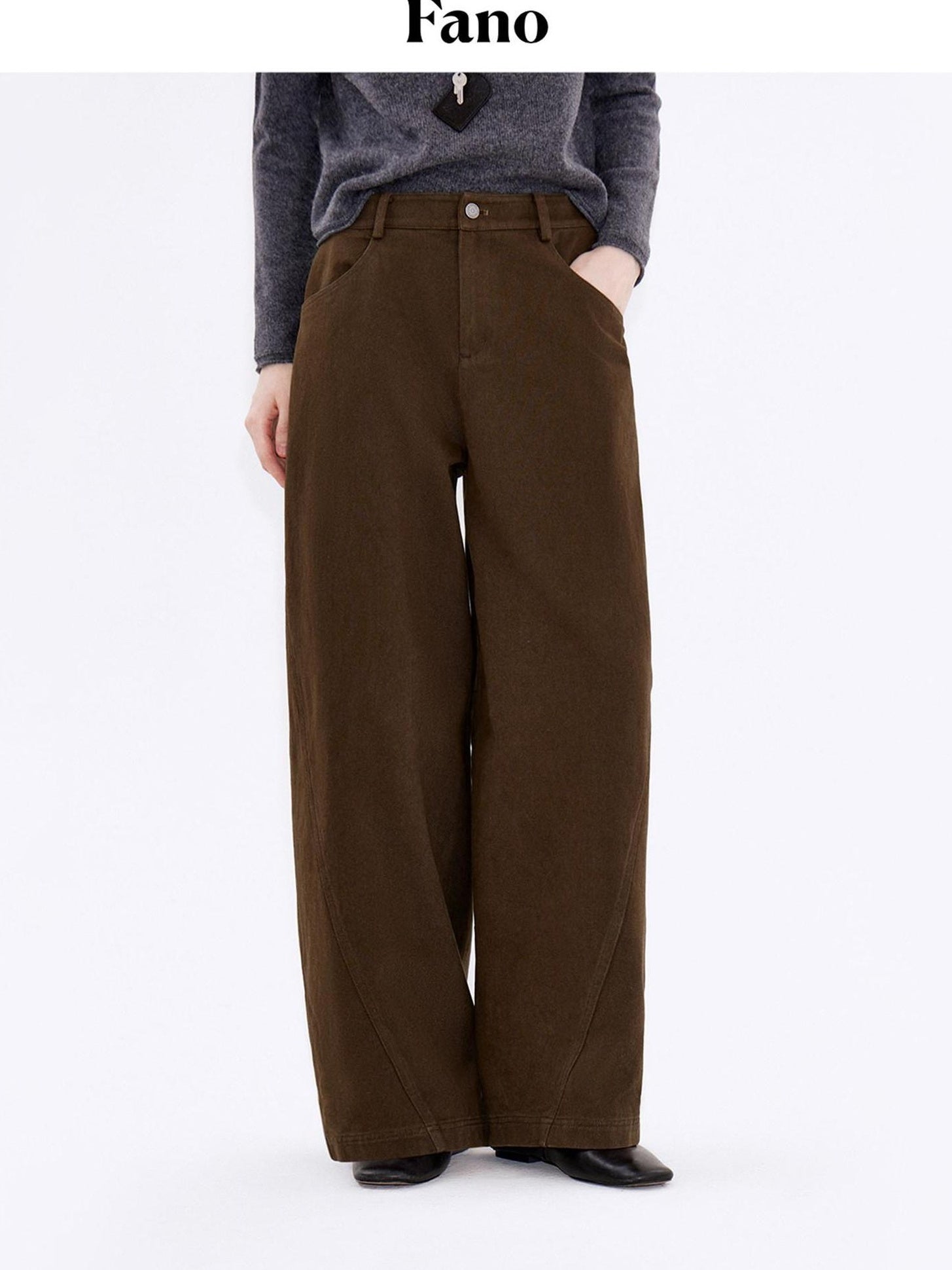 fano Warm Brushed Cotton Relaxed Straight Pocketed Natural Waist Brown Wide Leg Pants