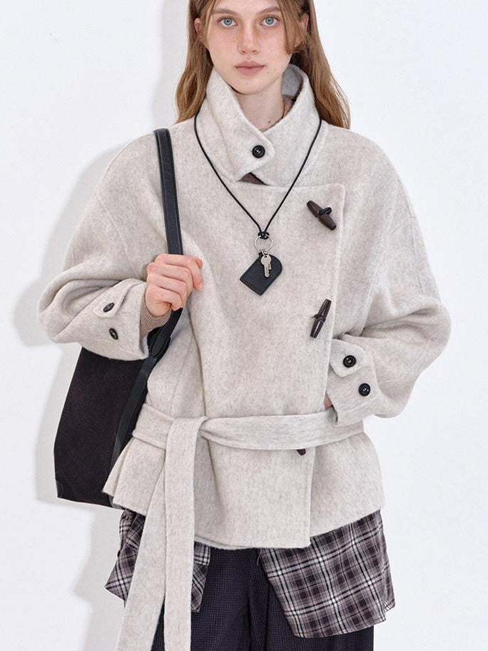 fano Wool Blend Korean Commuter Relaxed Fit Notched Collar Light Grey Short Coat