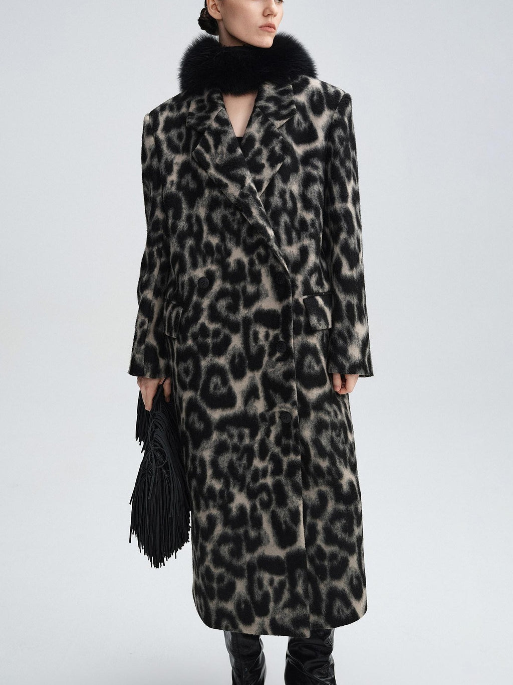 audreyyang Thick Wool Blend Retro Loose Leopard Double Breasted Lapel Long Coats