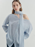 someonesometimes Breathable Lyocell Minimal Commuter Relaxed V-neck Button Tie Women Blouses