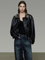 unspoken Commuter Loose Cropped Colorblock Patchwork Lapel Zipper Leather Jackets
