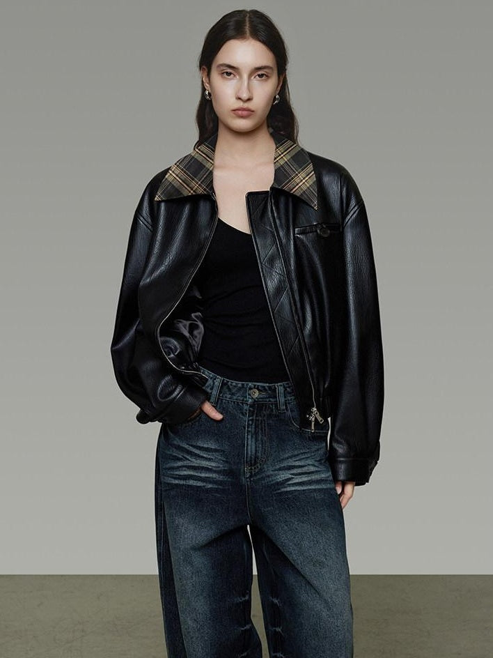 unspoken Commuter Loose Cropped Colorblock Patchwork Lapel Zipper Leather Jackets