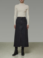 unspoken Warm Buttoned Panel Slim High Waist Long Sleeve Women Black Top & Skirt Sets
