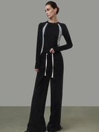 unspoken High Waist Drawstring Pockets Minimalist Workwear For Women Black Wide Leg Pants