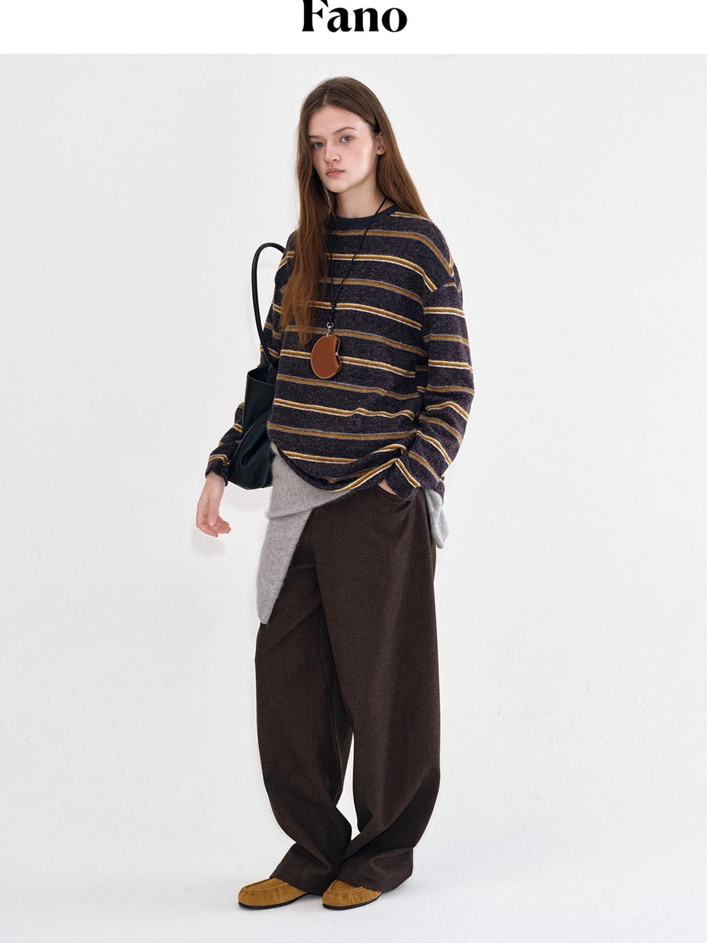 fano Acrylic Knit Striped Crew Neck Oversized Casual Women Long Sleeve T-Shirts