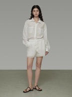 unspoken Pure Ramie Tie Waist Straight Leg Minimal Workwear Women White Mid-Length Shorts