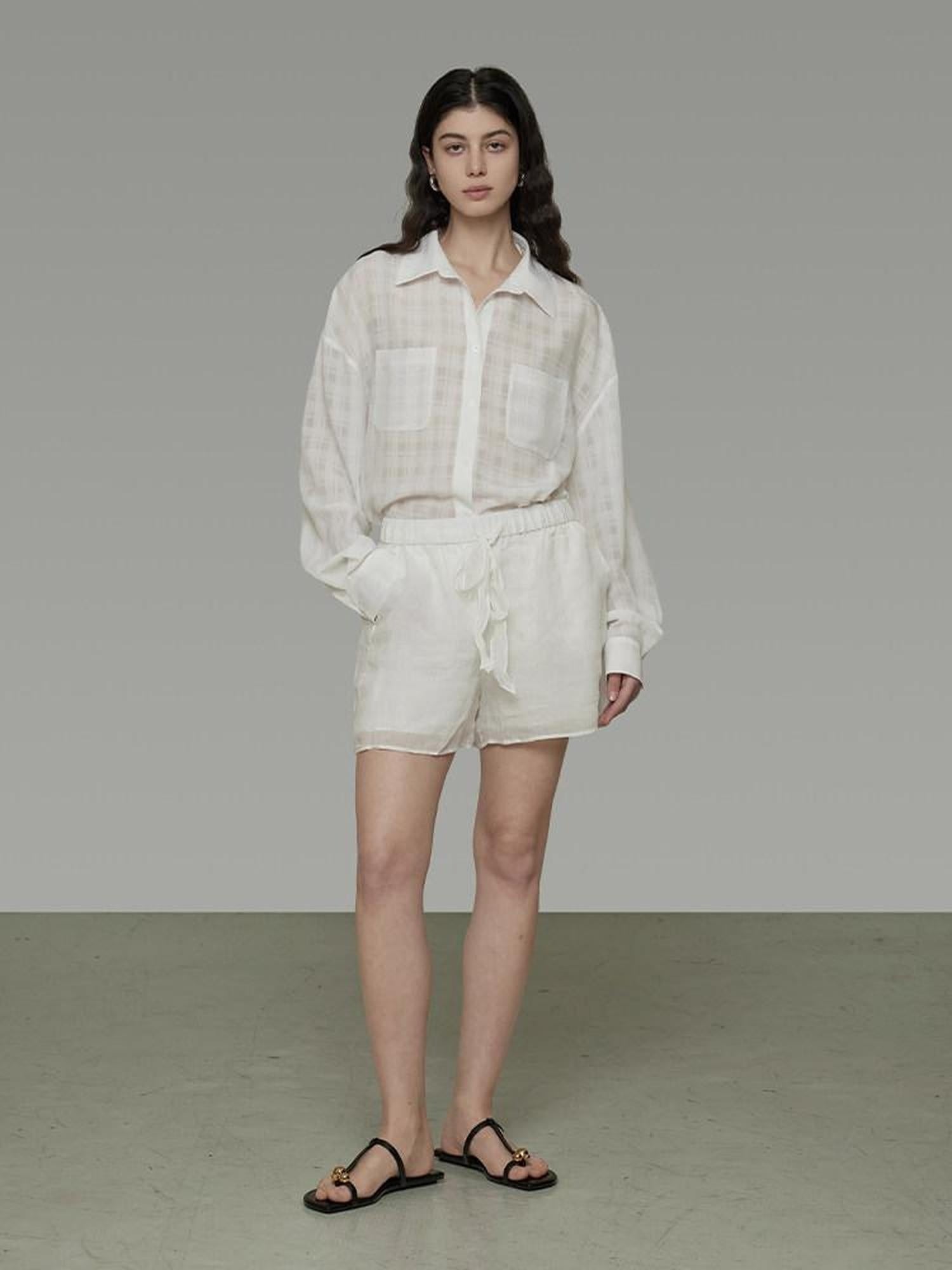 unspoken Pure Ramie Tie Waist Straight Leg Minimal Workwear Women White Mid-Length Shorts
