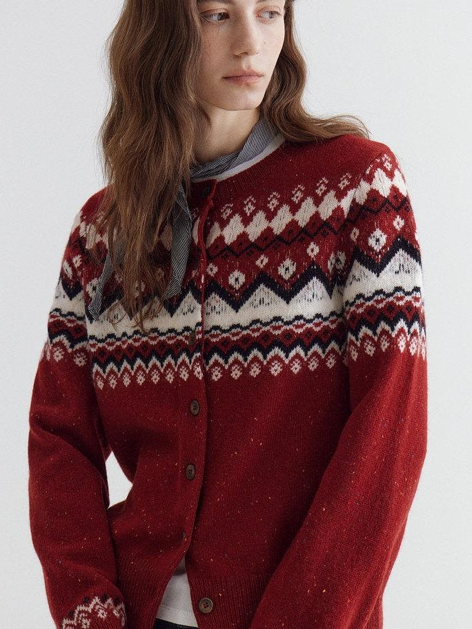 fano Warm Sheep Wool Jacquard Loose Korean Commuter Crewneck Red Women Cardigans