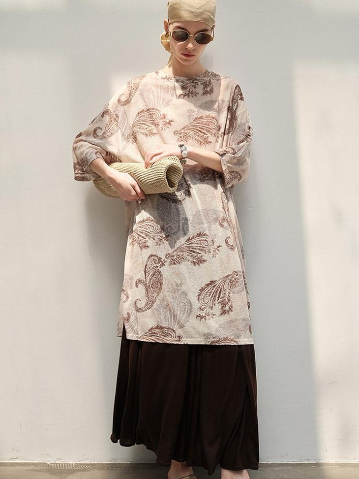 audreyyang Light Commuter Loose Paisley Print Round Neck Women Long Sleeve T-Shirts