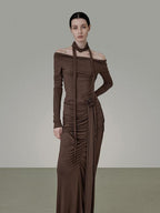 unspoken Slim Pleated Minimalist Workwear Women Pullover Polyester Brown Top & Skirt Sets