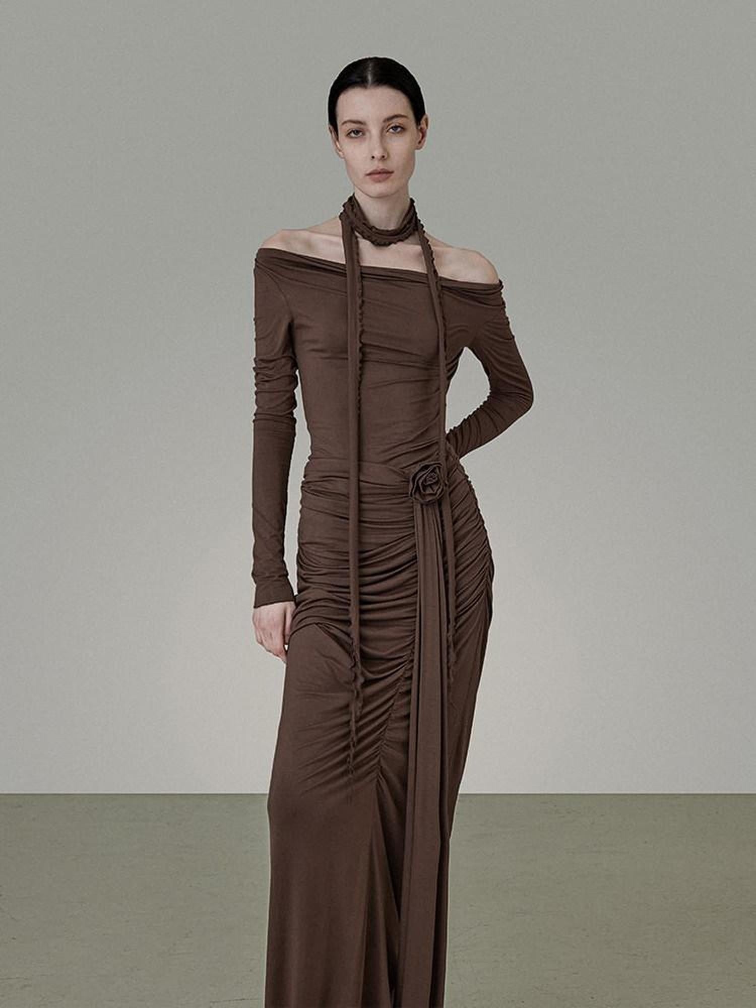 unspoken Slim Pleated Minimalist Workwear Women Pullover Polyester Brown Top & Skirt Sets