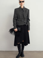 audreyyang Hand Pleated Lined Asymmetrical A Line Mid Waist Polyester Blend Midi Skirts