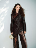 audreyyang Pu Leather Multi Pocket Loose Fit Lapel Button Cuff Burgundy Leather Jackets