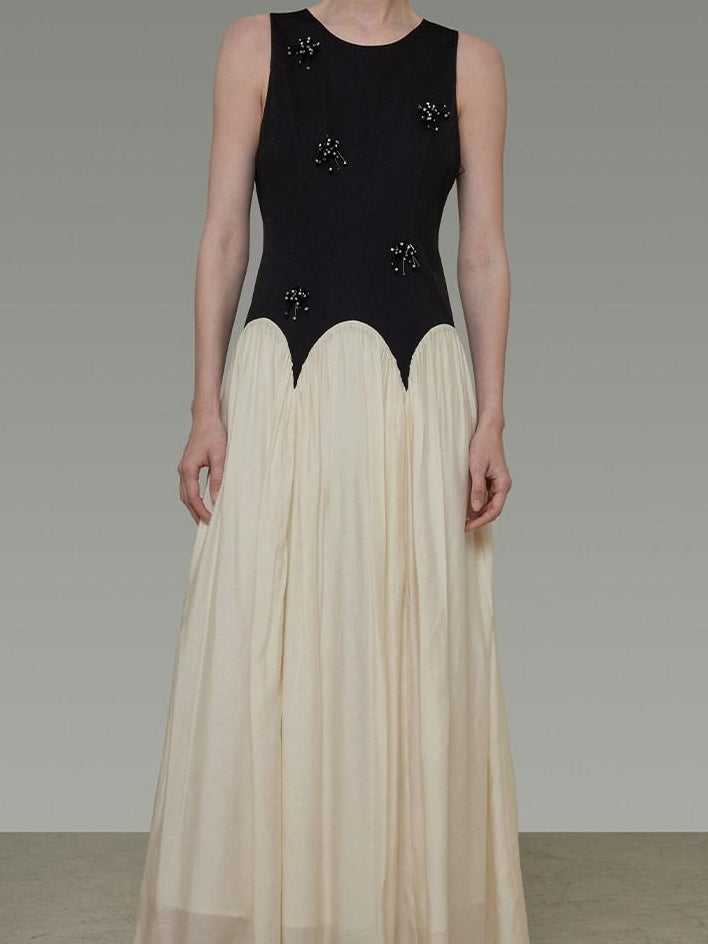 unspoken Elegant Beaded High Waist A Line Sleeveless Office Polyester Maxi Dresses