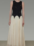 unspoken Elegant Beaded High Waist A Line Sleeveless Office Polyester Maxi Dresses