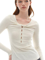 someonesometimes Soft Stretch V-neck Cutout Slim Fit Knit For Women Apricot Long Sleeve T-Shirts