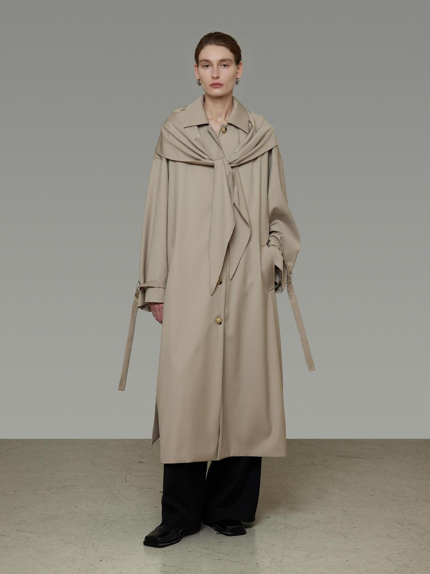 unspoken Minimalist Longline Single Breasted Loose Fit Women Beige Trench Coats