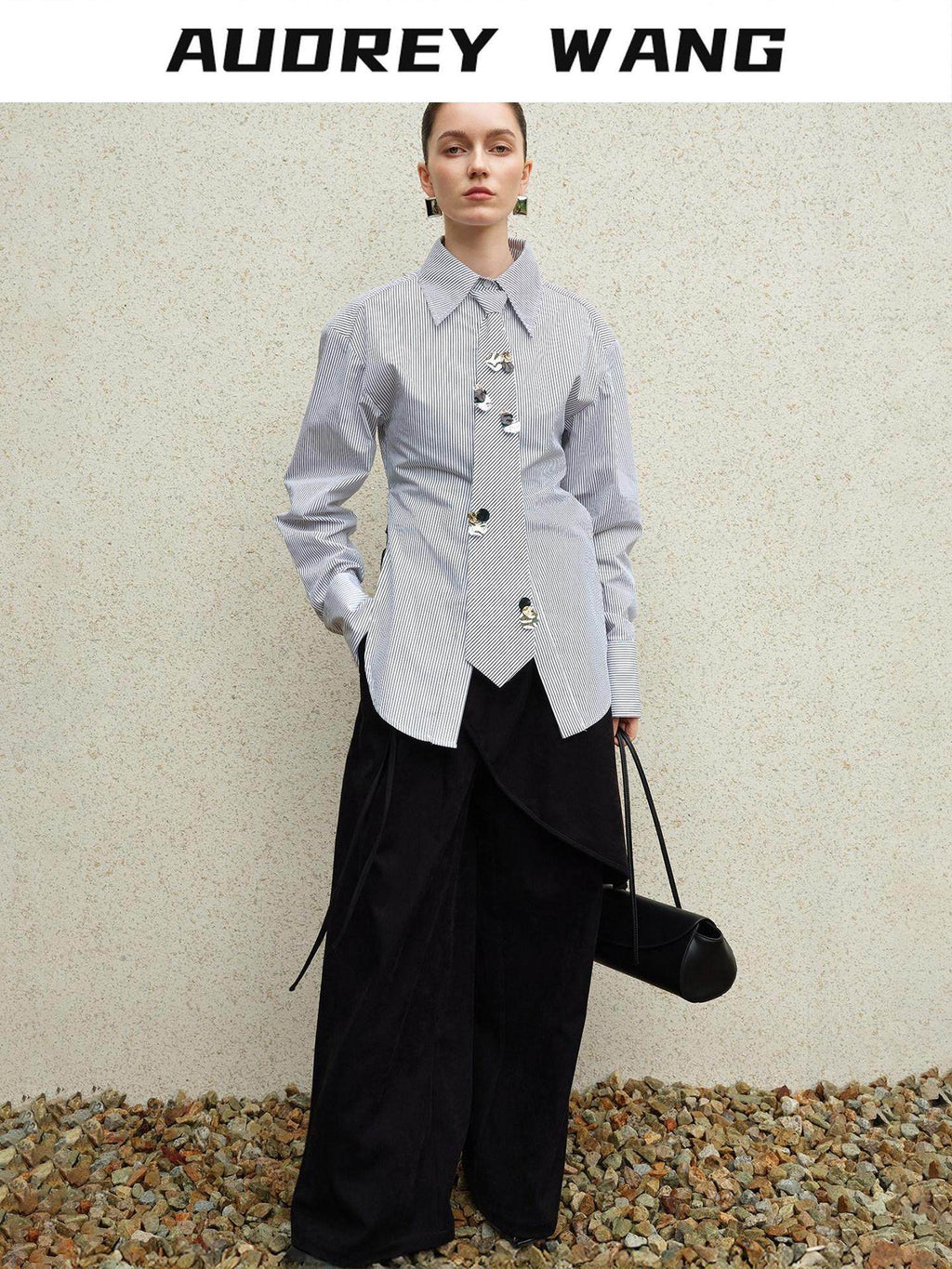 audreyyang Original Design Relaxed Tie Neck Collared Tencel Cotton Striped Blouses