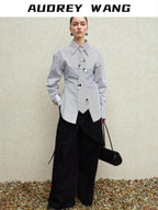 audreyyang Original Design Relaxed Tie Neck Collared Tencel Cotton Striped Blouses