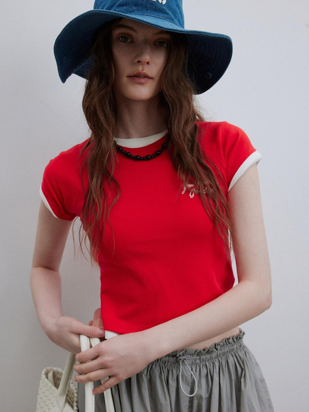Lofi choose Loose Fit Round Neck Commuter Office Red Blue Short Sleeve T-Shirts