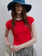 Lofi choose Loose Fit Round Neck Commuter Office Red Blue Short Sleeve T-Shirts