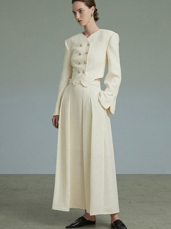 unspoken Original Design Double Breasted Cream Straight Fit Long Sleeve Top & Skirt Sets