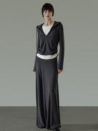 unspoken Soft Viscose Two Piece Hooded Zip Up Loose Minimal Female Deep Gray Lounge Sets
