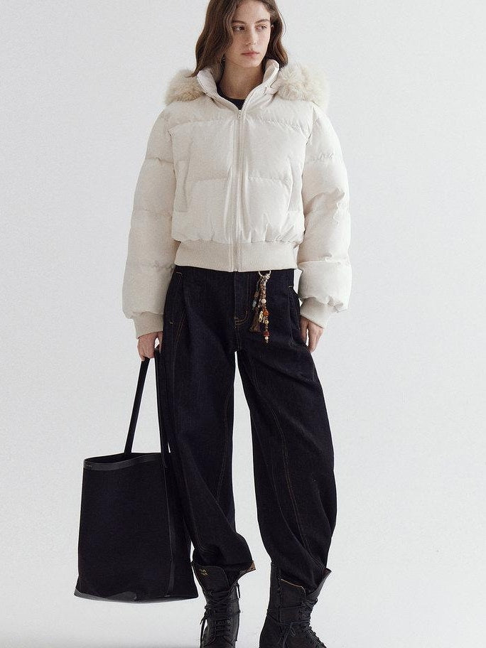 fano 90% White Duck Down Warm Hooded Korean Commuter High Waist Women Down Jackets
