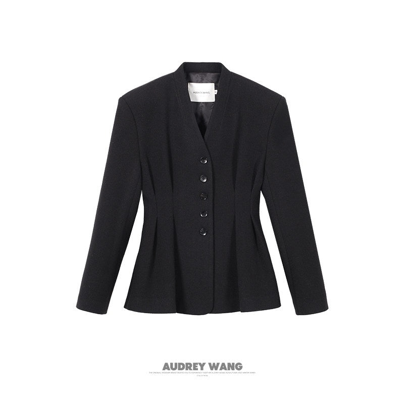 audreyyang_Waist_Cinch_Slim_Casual_V-neck_Single_Breasted_Women_Office_Black_Wool_Coats_MISSTT