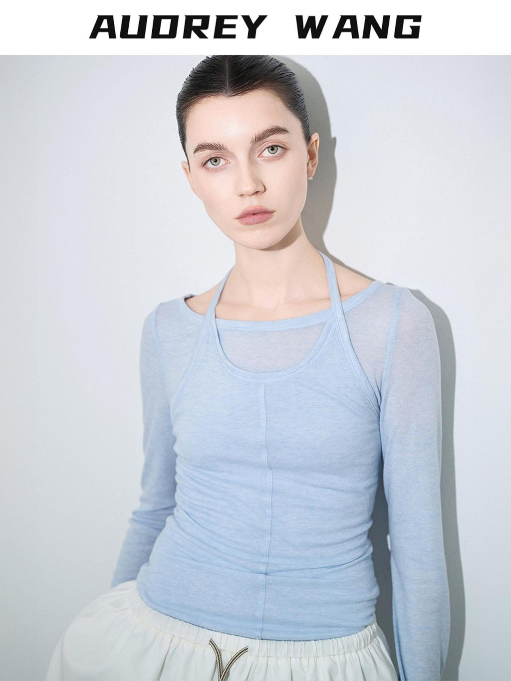 audreyyang Lightweight Lyocell Wool Slim Fit Solid Women Crew Neck Long Sleeve T-Shirts