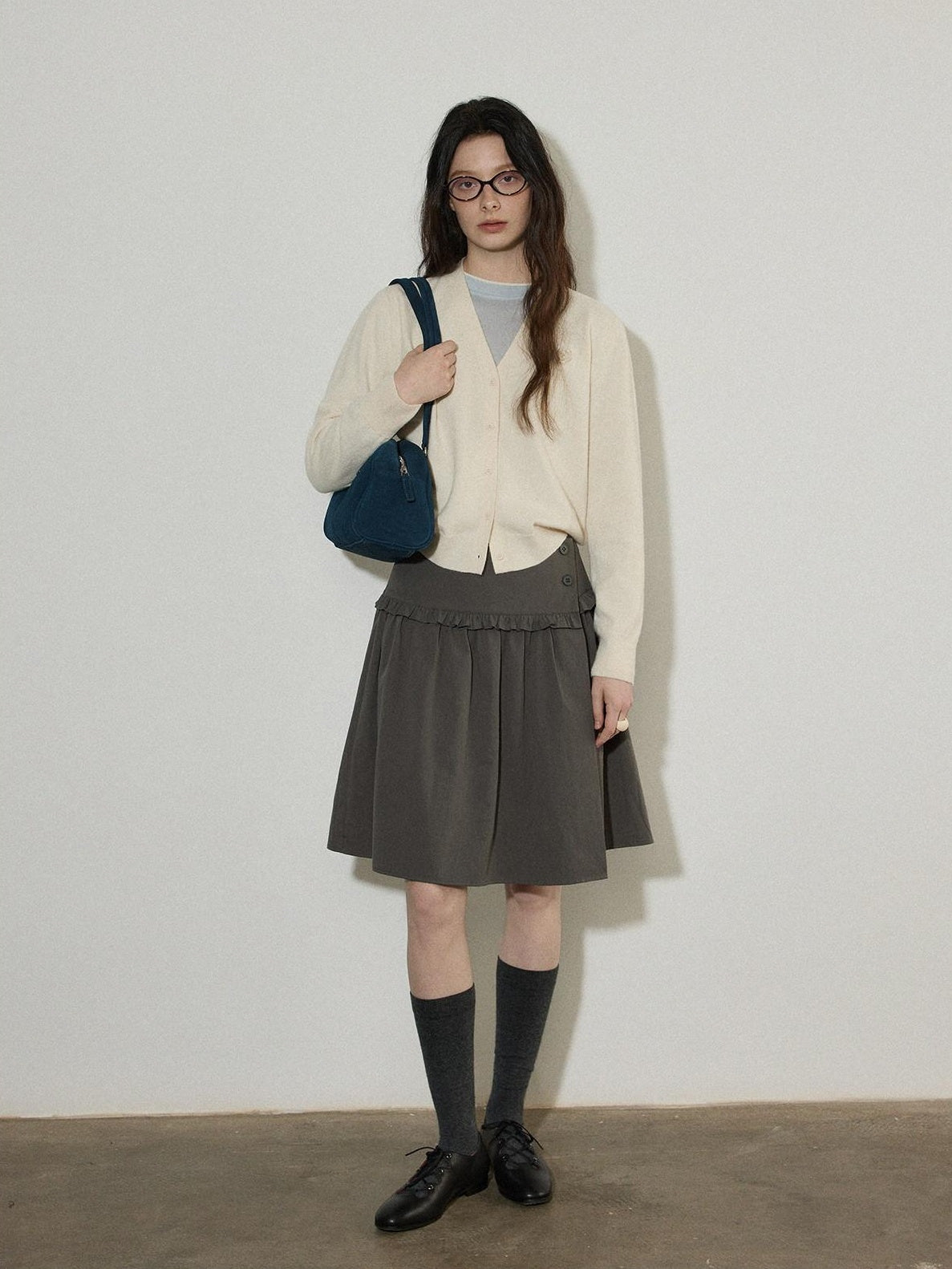 Lofi choose High Waist Ruffle A Line Pleated Cotton Commuter Skirt For Women Midi Skirts